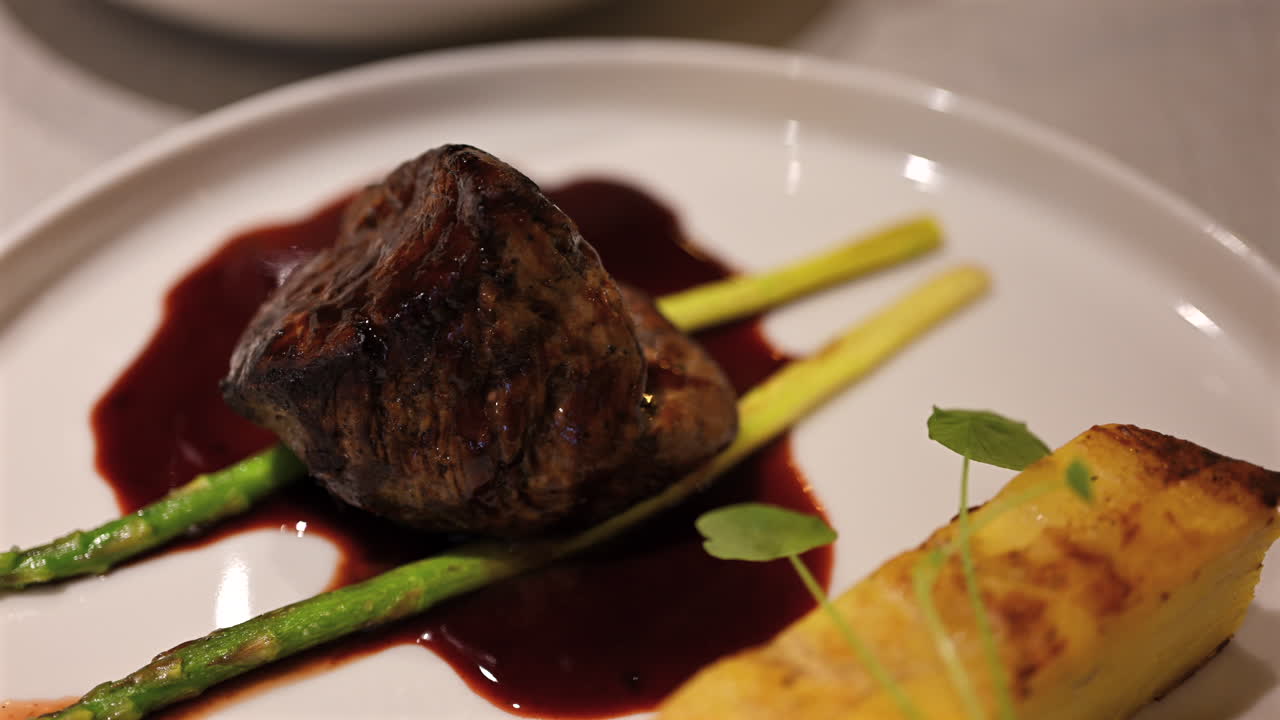 Elegant restaurant plate with grilled meat, vegetables and dark sauce presentation