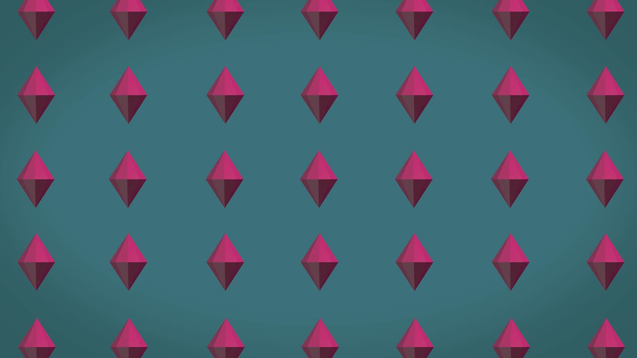 fondo con muchos diamantes rosados giratorios en fondo verde, animación 3d.
