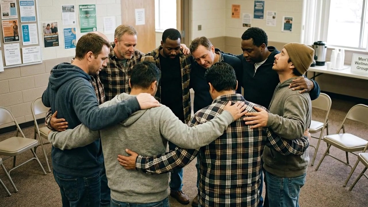 Diverse Group of Men Standing in a Circle for Support Group Meeting
