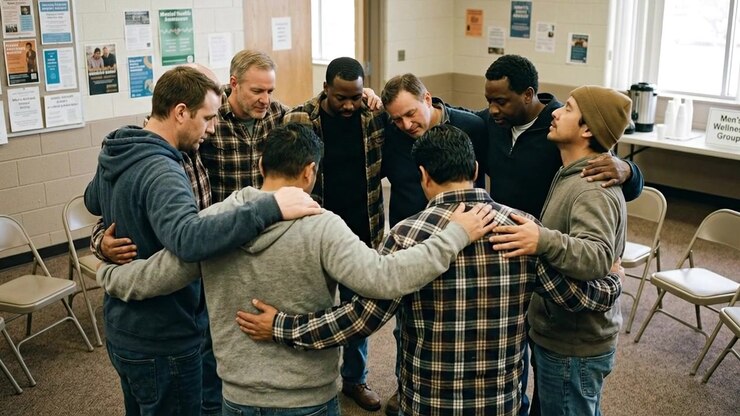 Diverse Group of Men Standing in a Circle for Support Group Meeting