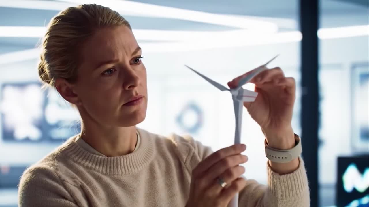 Focused Female Engineer Examining a Wind Turbine Model in a Modern Office