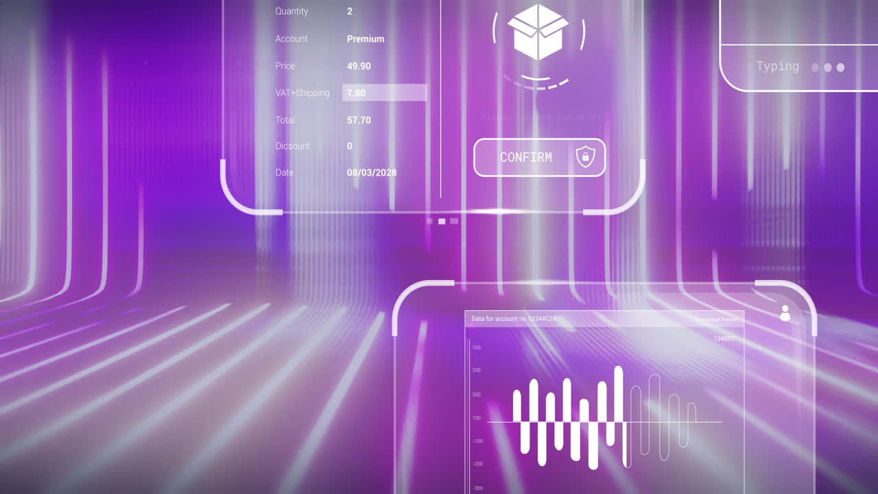 Animation of futuristic digital interface with financial graphs over purple background