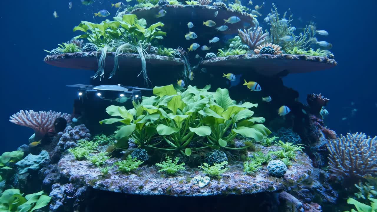 Drone footage inside a beautiful aquarium