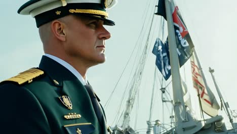 ein mann in militärischer uniform steht auf einem schiff, mit einer flagge im hintergrund