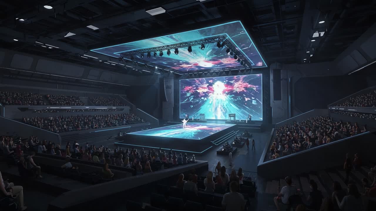 Dynamic Stage Performance: A Captivating Scene from an Electrifying Multimedia Show with an Audience Engrossed in the Visual Spectacle and Engaging Entertainment