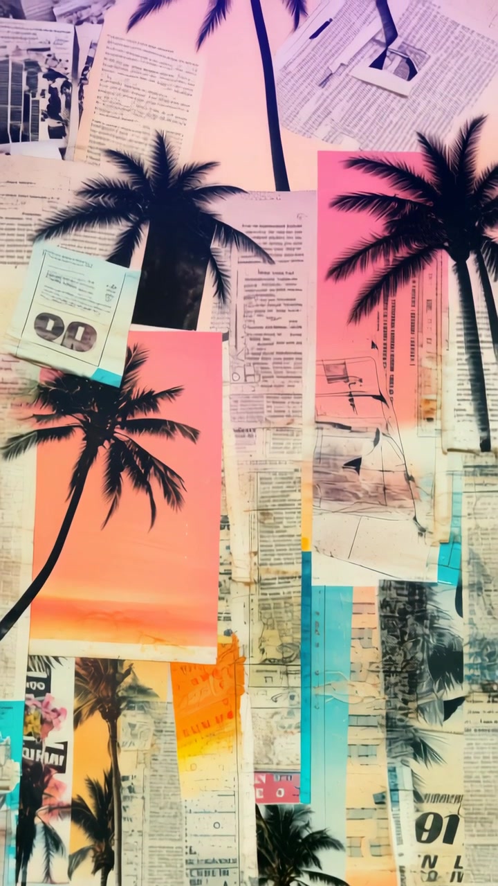 Collage animato vibrante con palme tropicali e giornale vintage