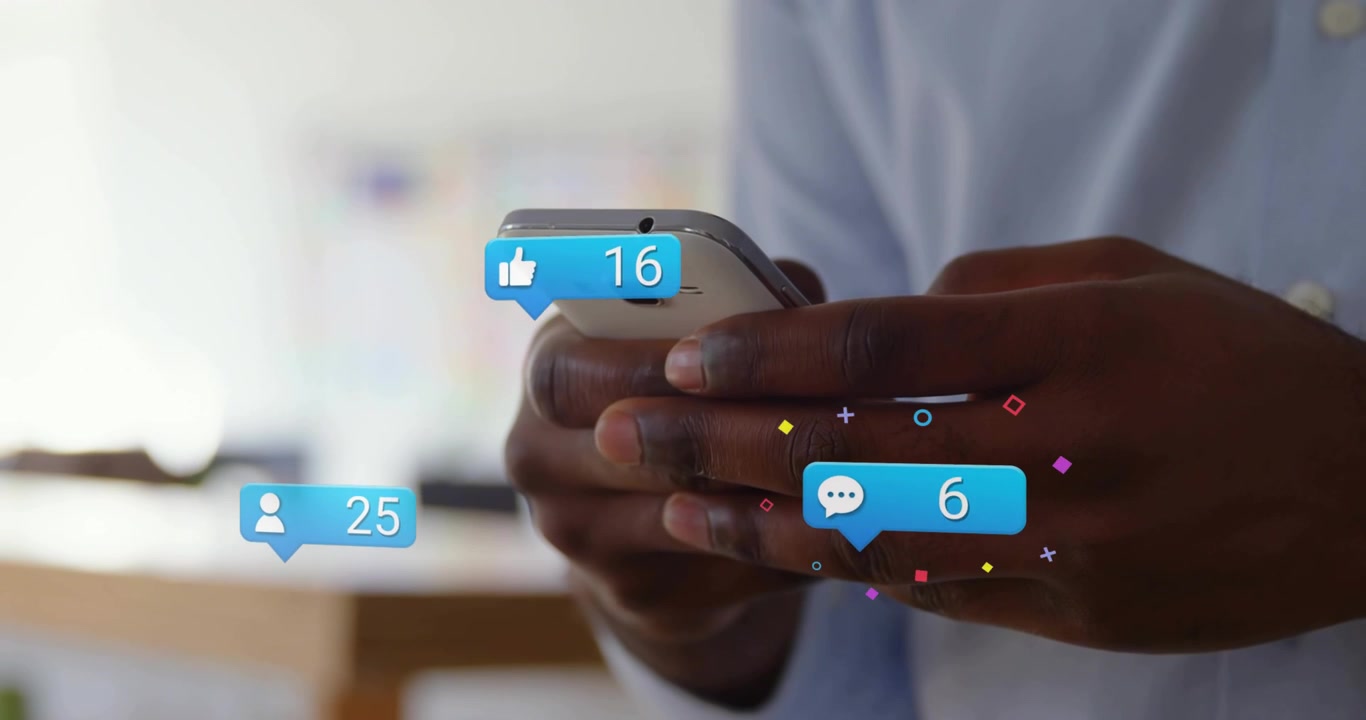 man scrolling smartphone and watching animated bubbles popping around shifting engagement stats