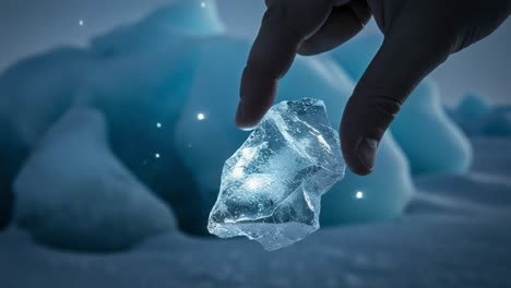 a hand holding a glimmering ice fragment against a stunning frozen backdrop, capturing the essence of nature's beauty in a chilling winter landscape