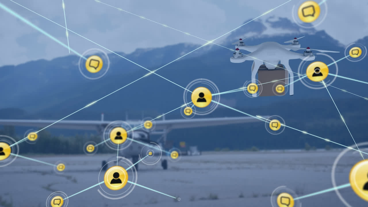 드론과 비행기를 통해 아이콘으로 연결된 네트워크의 애니메이션