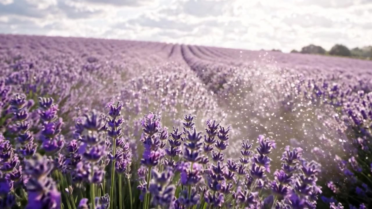 Una splendida vista di campi di lavanda sotto un cielo luminoso, catturando la tranquillità e il colore vibrante della lavanda in fiore in piena fioritura attraverso le dolci colline