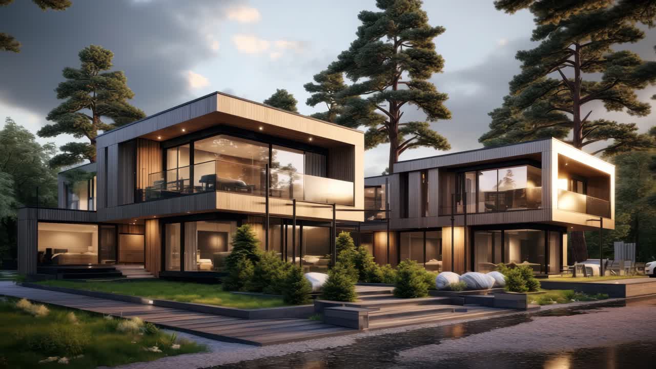 Zdjęcie nowoczesnego luksusowego domu z zewnątrz o zachodzie słońca, zrobione pod małym kątem, ukazujące elegancką architekturę