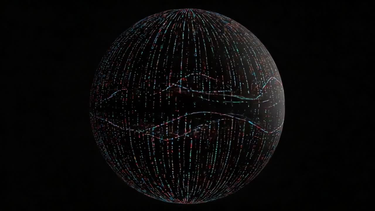 A Dynamic Visual Representation of Data Patterns on a Spherical Surface, Highlighting the Interplay Between Lines and Color Variations