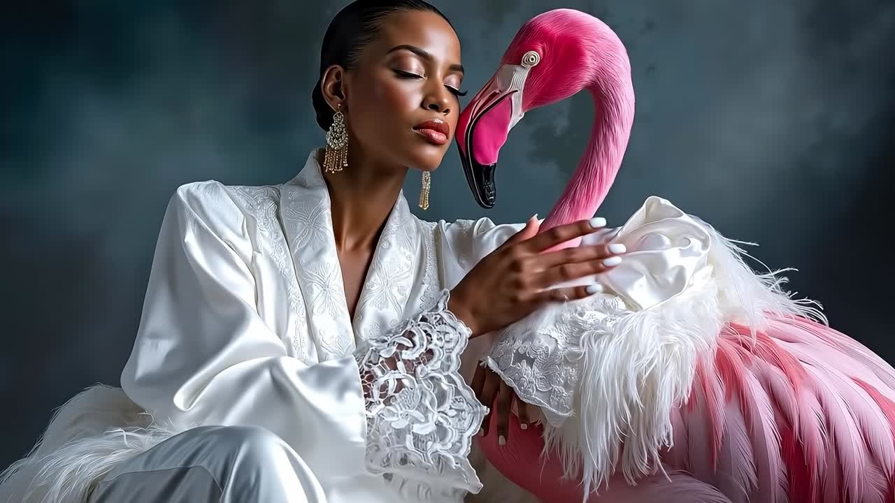 A woman in a white robe sitting next to a pink flamingo