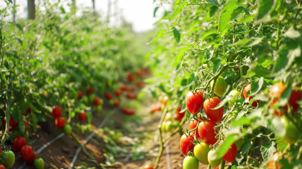 Vibrant Tomato Plants in a Greenhouse: A Close-up on Lush Growth and Ripe Harvests Capturing the Beauty of an Abundant Vegetable Crop