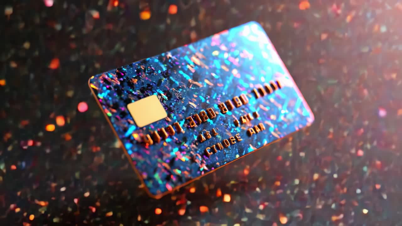 A Stunning Close-Up of a Shimmering Payment Card Surrounded by Sparkling Confetti, Highlighting Its Iridescent Design and Sophisticated Aesthetic Appeal