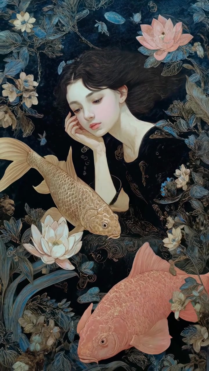 Donna eterea con pesci Koi e fiori di loto in un'ambientazione onirica