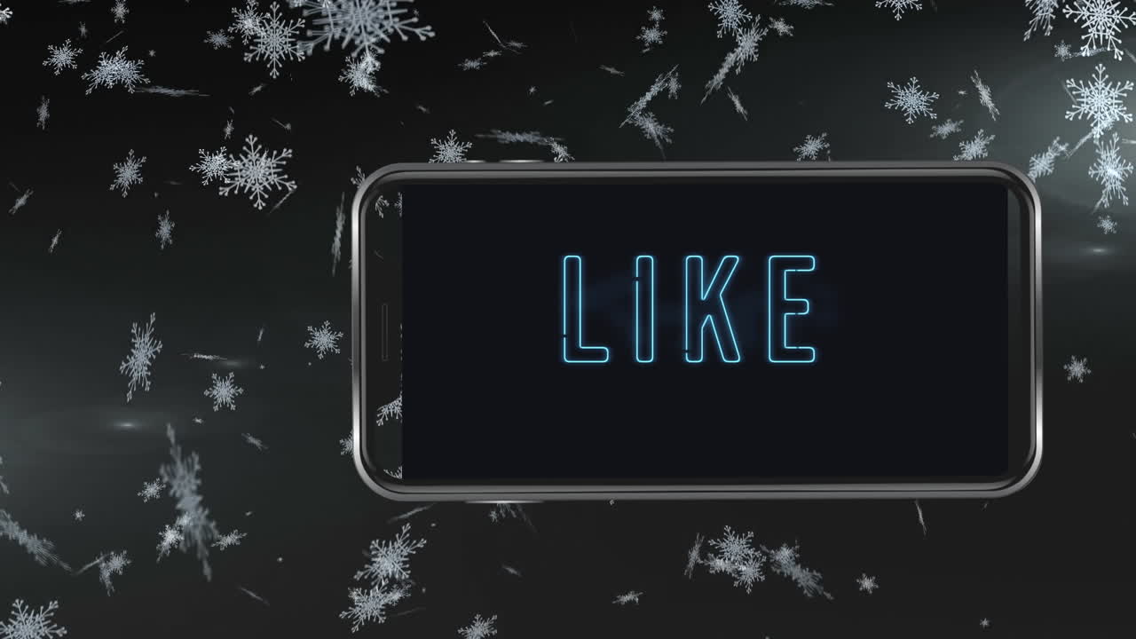 animación de texto similar en la pantalla del teléfono inteligente sobre la nieve que cae en el fondo