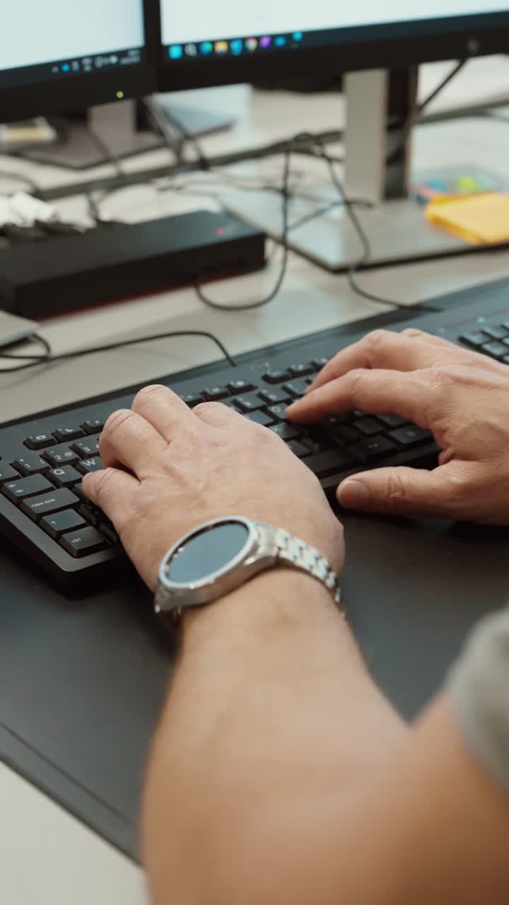 Close-up de mãos digitando em um teclado de computador em uma estação de trabalho moderna com múltiplos monitores, ilustrando trabalho de escritório, entrada de dados e fluxo de trabalho digital profissional