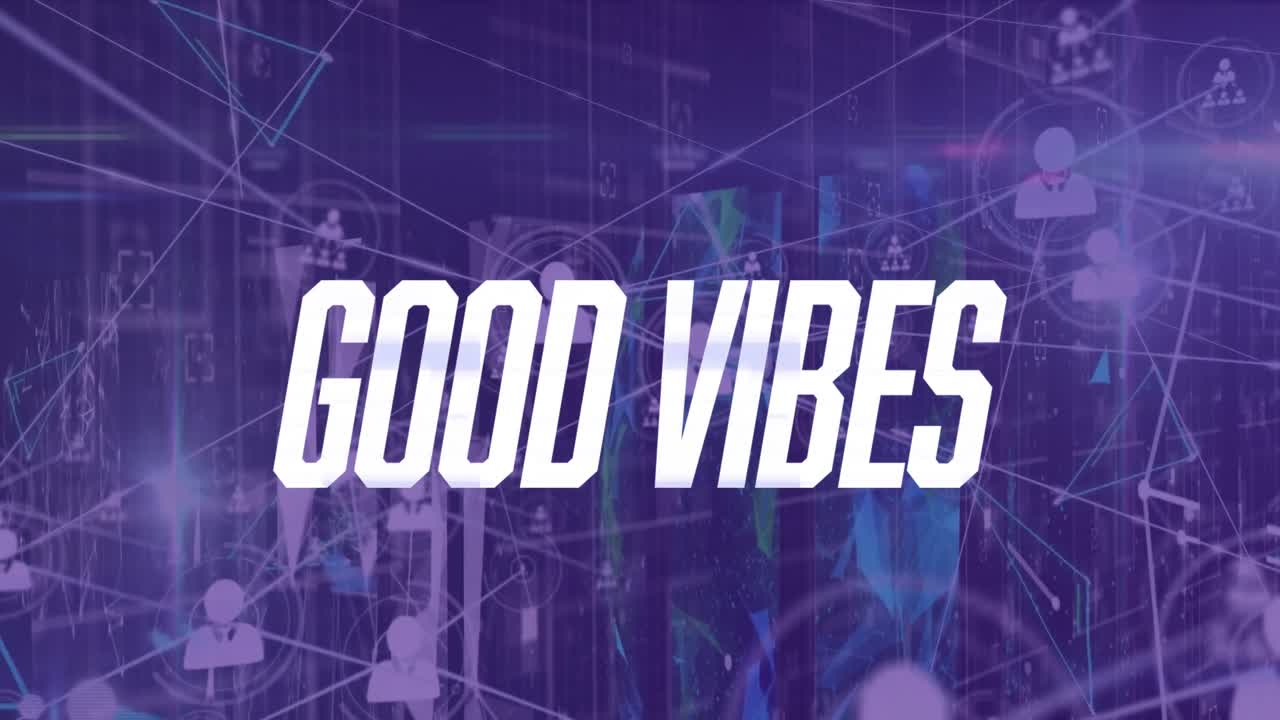 แอนิเมชันข้อความ 'good vibes' พร้อมเครือข่ายการเชื่อมต่อและการประมวลผลข้อมูลเหนือห้องเซิร์ฟเวอร์