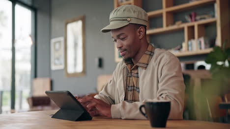 Happy,-coffee-shop-or-black-man-with-a-tablet