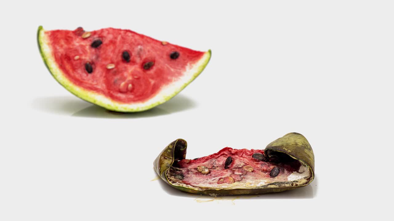 색 배경에서 은 수박이 어가는 조각, 느린 동작, 교육적 인지 비디오, 시간 반전 루프 비디오