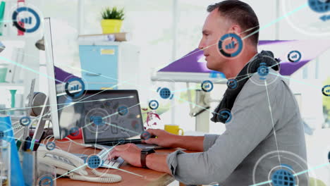 Working on laptop, man surrounded by data network connections animation
