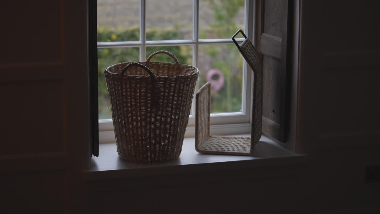 Wooden basket sitting on windowsill