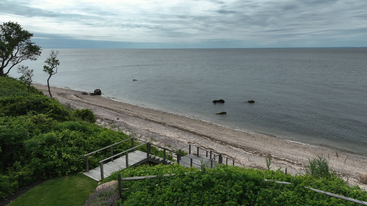 Row Of Chairs During An Outdoor Wedding Event Near Breeze Hill Farm In The Peconic, New York, United States. Aerial Drone Shot