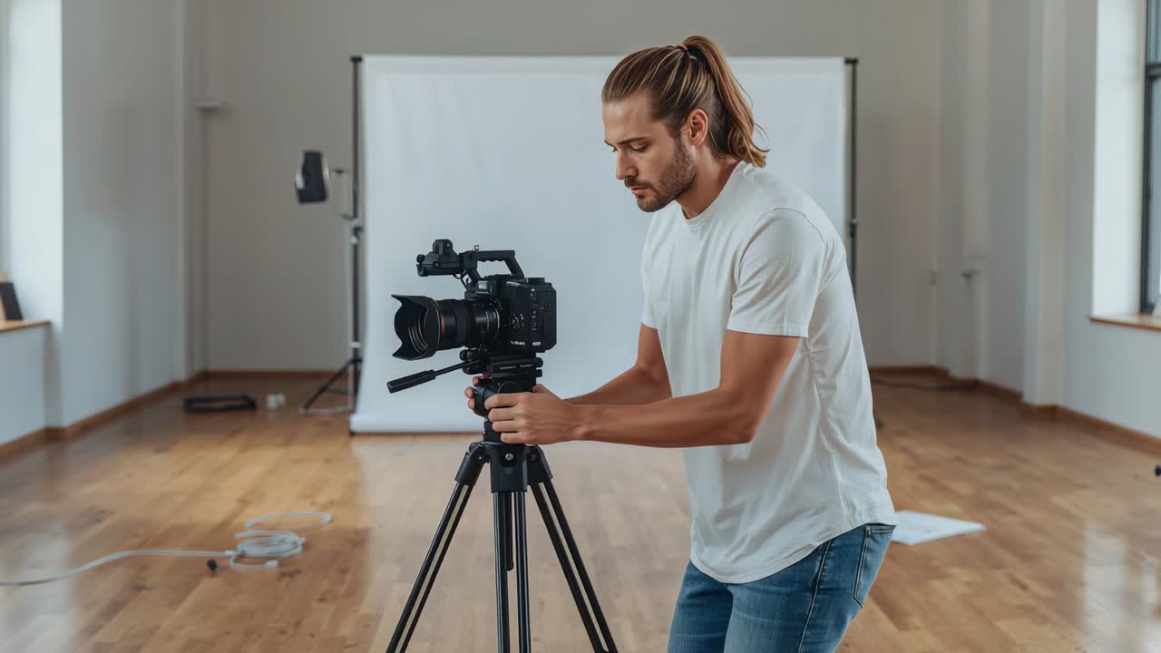 Adjusting man in white tee, jeans checking lens, turning camera on tripod to frame studio backdrop