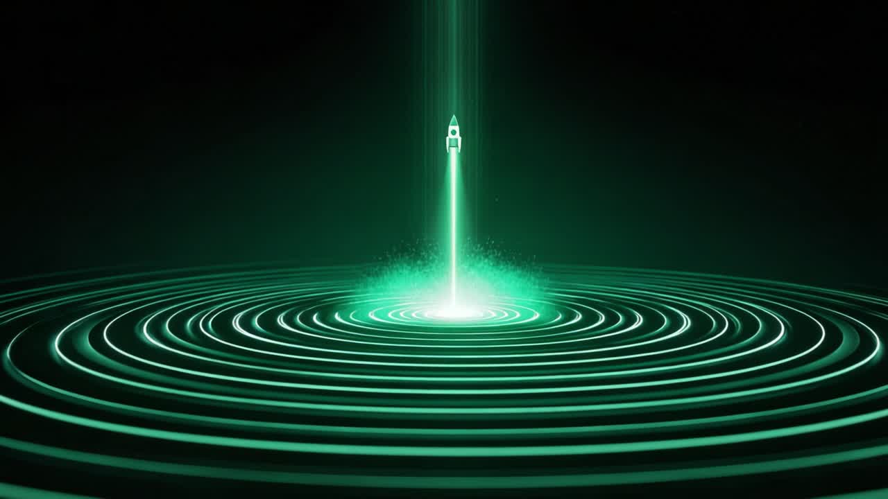 Conceptual animation of a green glowing rocket taking off, creating concentric circles and ripples on a dark surface while leaving a particle trail behind during its futuristic ascent