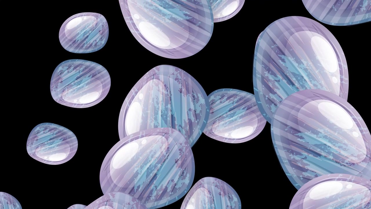 Smooth purple textured spheres fall vertically through a dark void in a continuous loop.