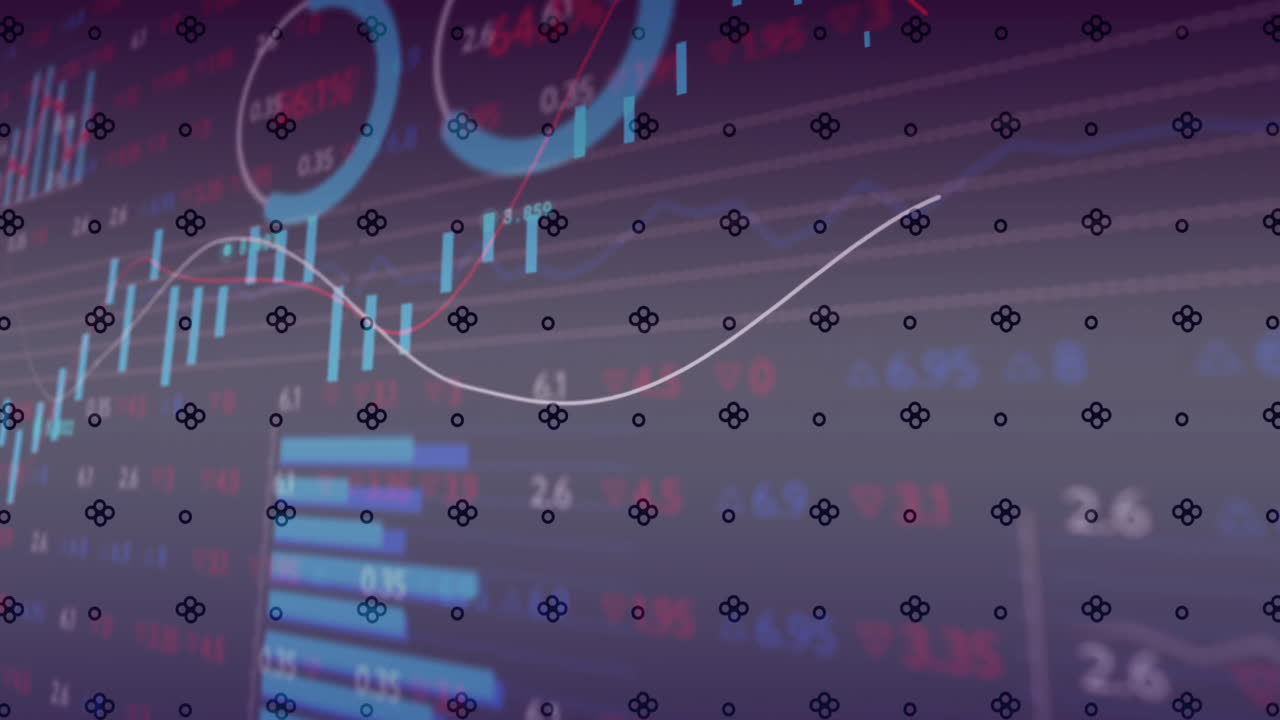 Digital financial chart displaying candlestick bars, curved line graphs, grid lines and dot overlay