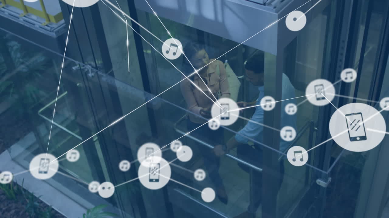 Animation of icons connected with lines, diverse coworkers discussing reports in elevator at office