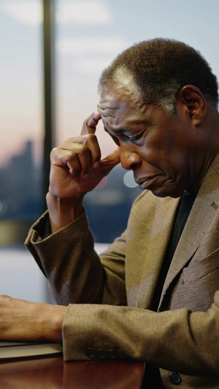 Vertical video: Reading laptop, senior man in blazer rubbing temple while leaning at desk by window