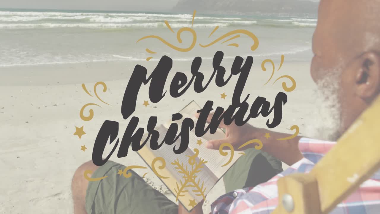 Animation of christmas greetings text over senior african american man reading on beach