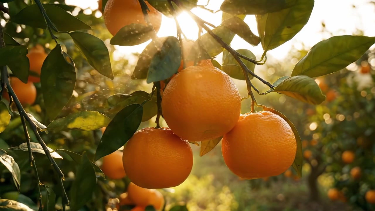 Un sereno agrumeto all'alba: rigogliosi alberi d'arancio carichi di frutti sotto un'alba dorata, che mostrano l'abbondanza e la tranquillità della natura in un ambiente pittoresco