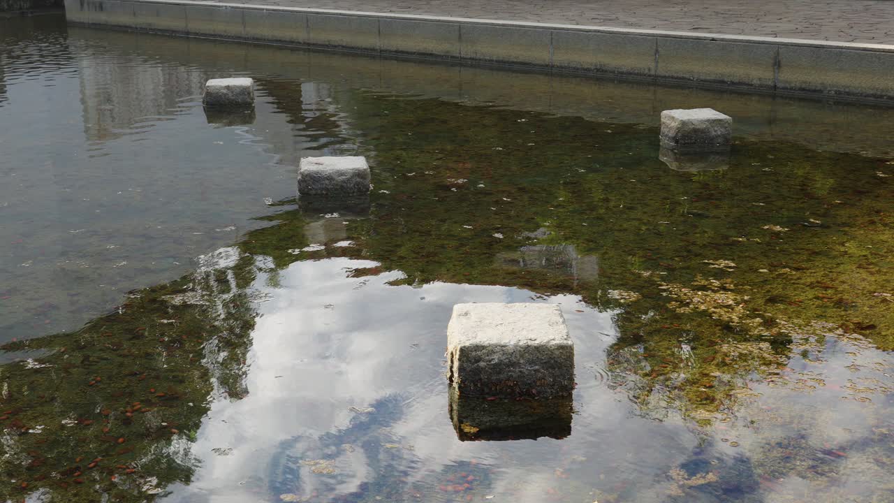 Close up of clear, reflective water in a park fountain with small square stone blocks