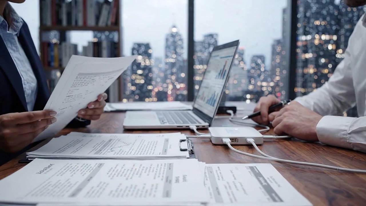 Business Meeting Focused on Data Analysis: Professionals Review Reports and Analyze Graphs with City Skyline in the Background During Evening Hours