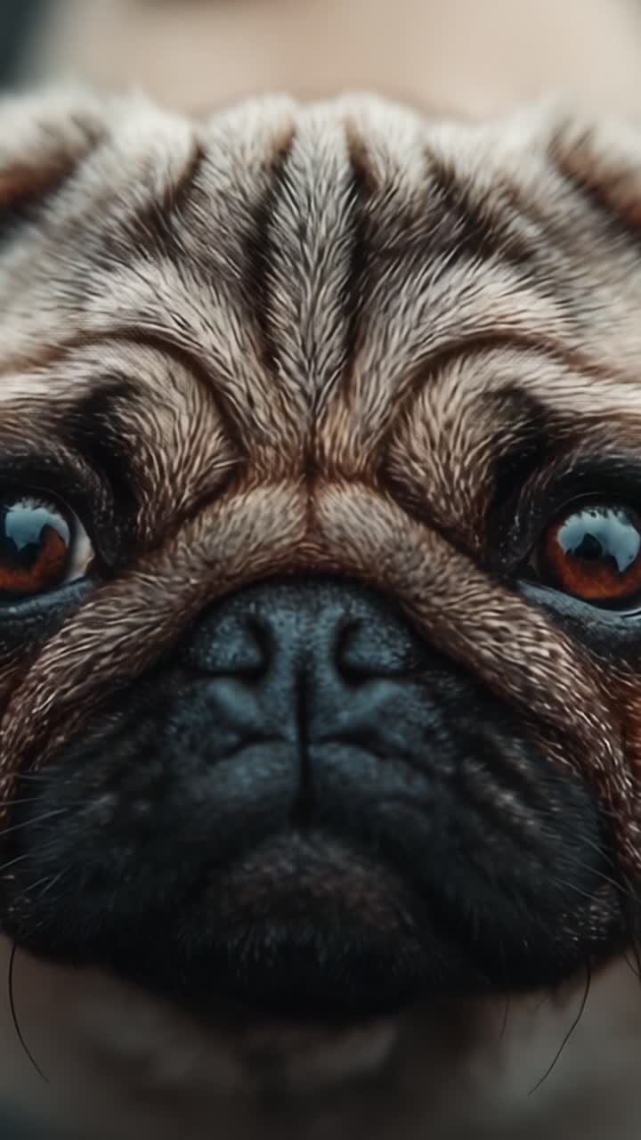 Retrato em close-up de um Pug encantador, capturando a expressão intensa e as características únicas de seu rosto em uma imagem de alta definição.