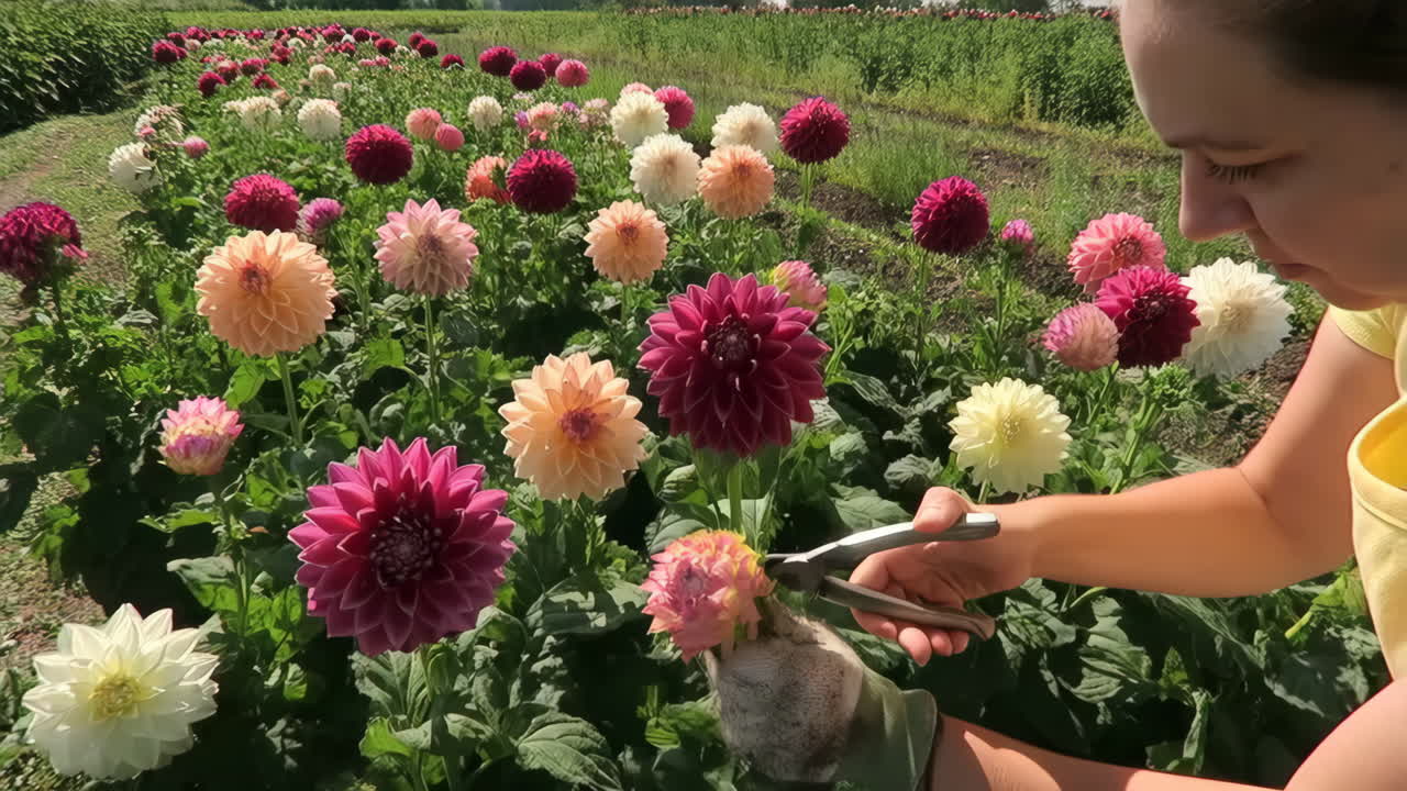 花畑でダリアを収穫する女性