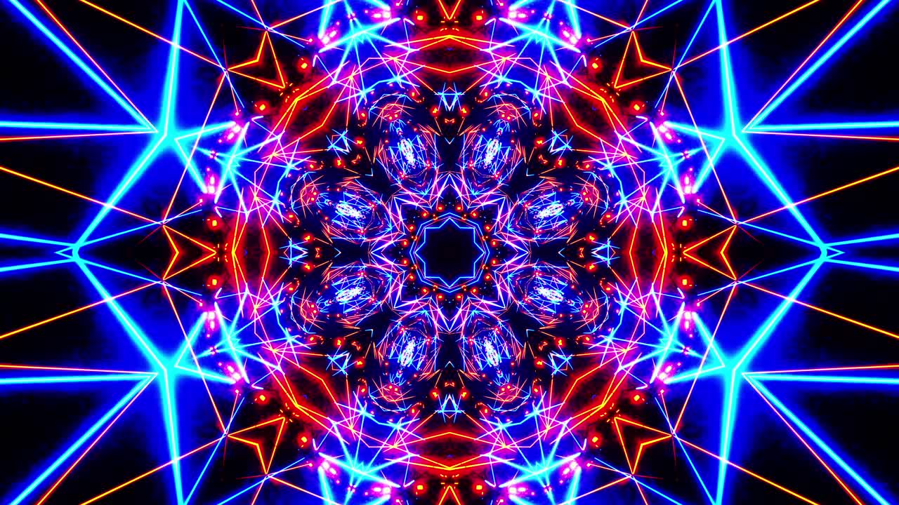 Terbang melalui terowongan neon dengan cincin. Loop VJ Kaleidoskop