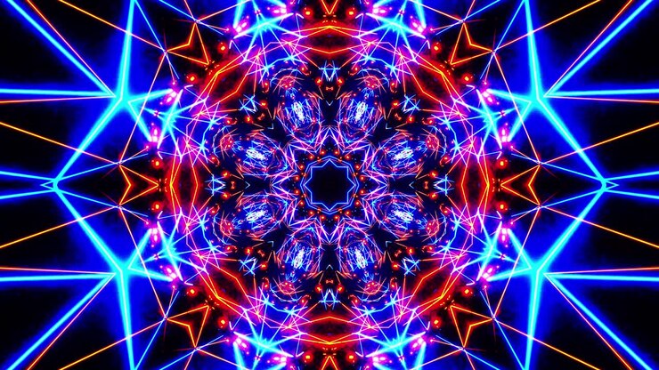 Flying through a neon tunnel with rings. Kaleidoscope VJ loop