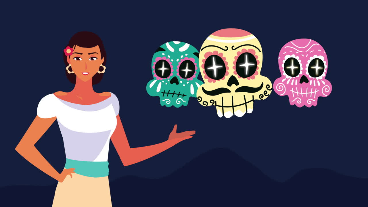 mujer presentando calaveras de azúcar para el dia de los muertos