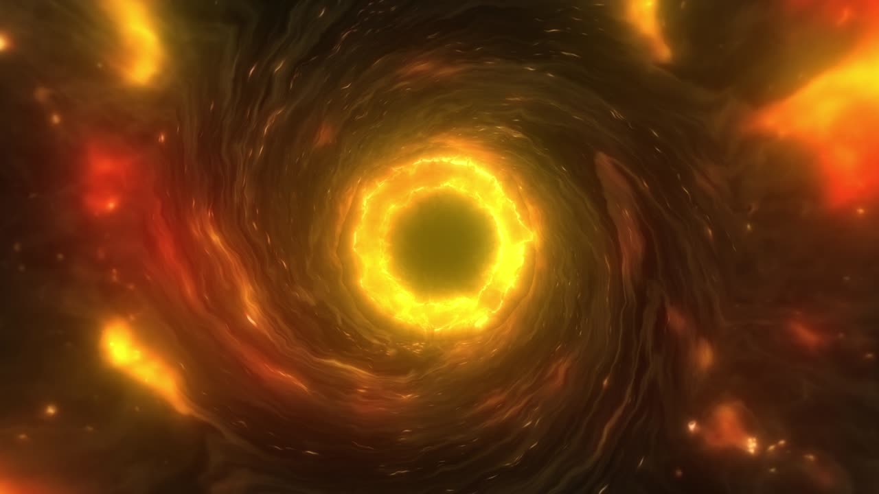 ciencia abstracta tecnología de fondo de bucle. nube de gas de plasma naranja giratorio luminoso a transformación de agujero negro con anillo central brillante halo alrededor. 4k 3d bucle sin costuras agujero negra dorado brillante.