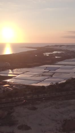 sunset over coastal agricultural land with greenhouses