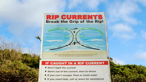 big board at beach gives advice on how to escape from a rip current