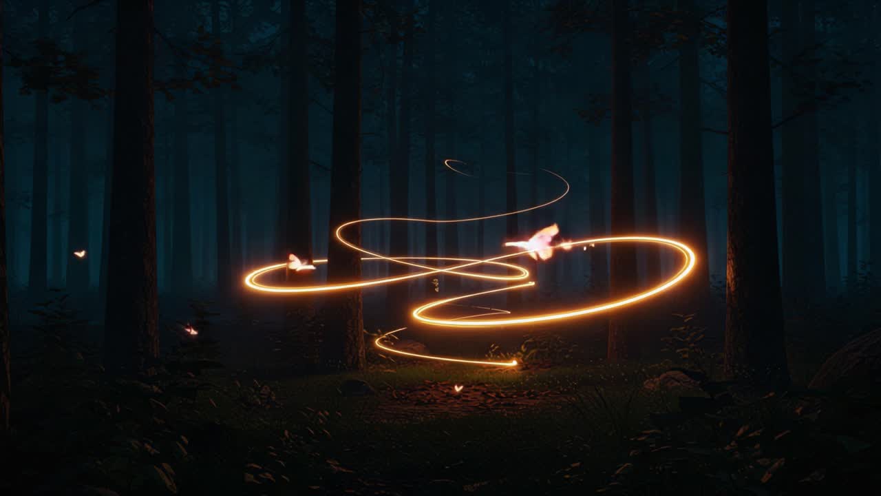 A Serene Night in the Enchanted Forest: Glowing Light Trails Dancing Among Ethereal Butterflies in a Mystical Landscape of Shadows and Trees