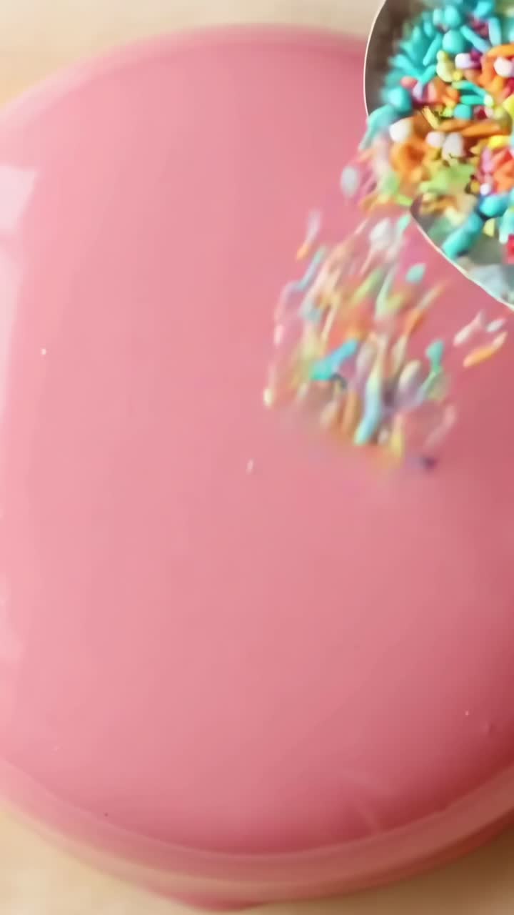 Video ripreso dall'alto di una torta glassata rosa con zuccherini colorati, che mostra un dessert vivace.