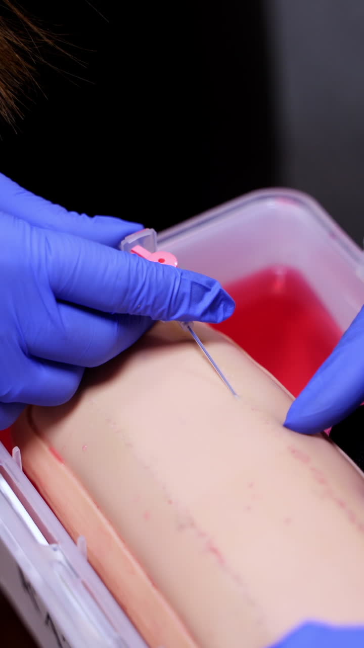 Surgeon student trains to inserting needle for catheter on medical dummy. Hands in blue latex gloves. Vertical video
