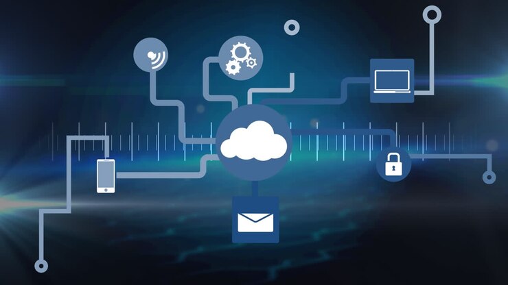 Animation of tech icons over waves on navy background